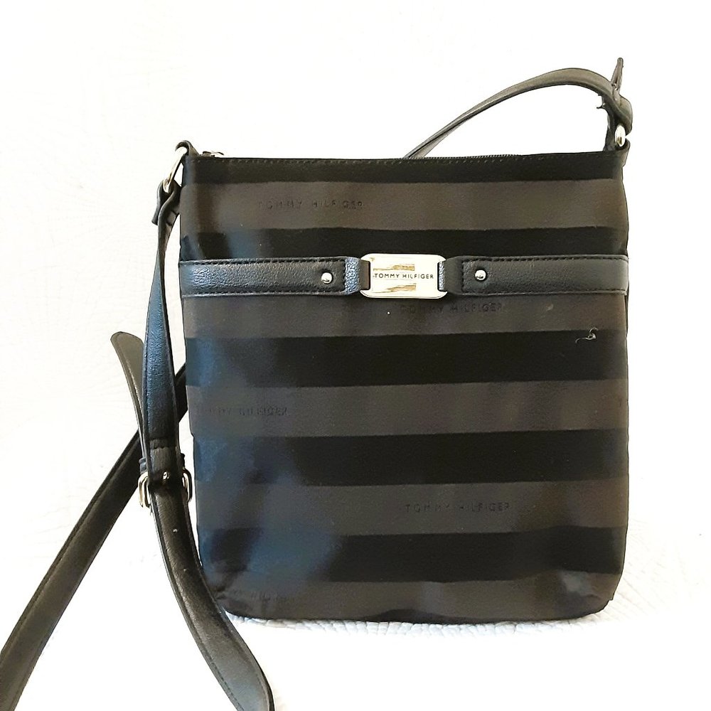 Women's Black Jacquard Hipster Bag Flat Crossbody with Faux Leather Trim Purse